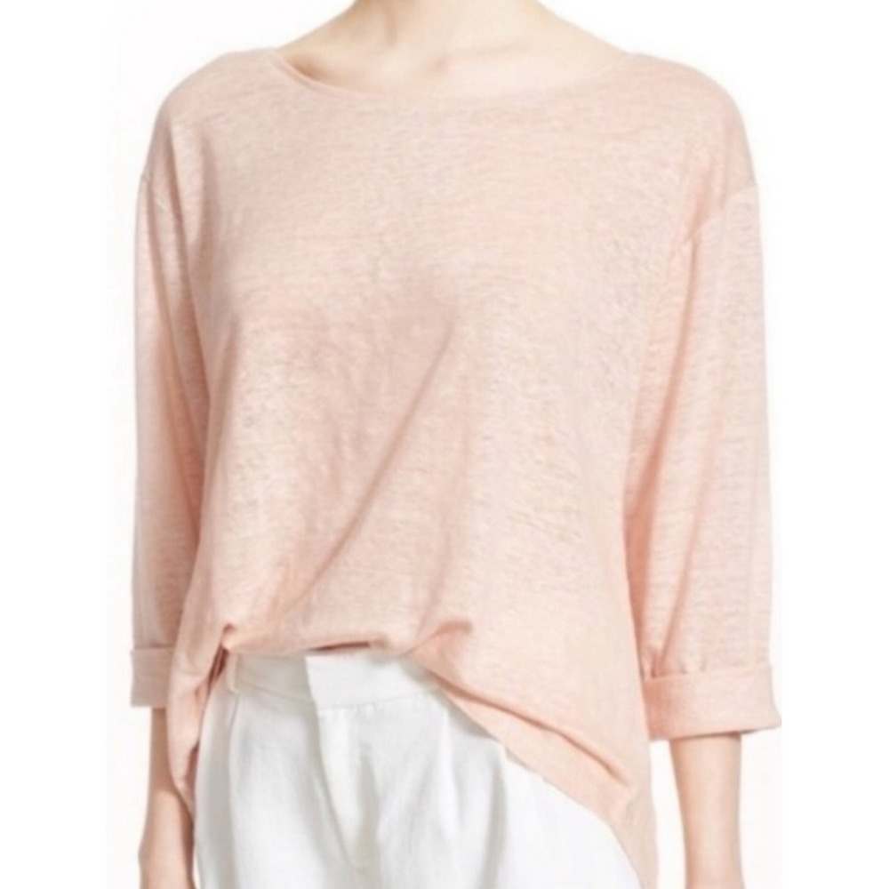 Vince 100% Linen Sweater Top S Pink Roll‎ Sleeve Quiet Luxury Minimalist Pastel